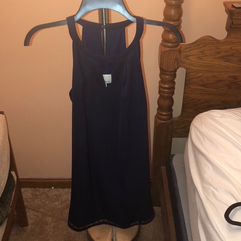 Blue dress with patterned trim